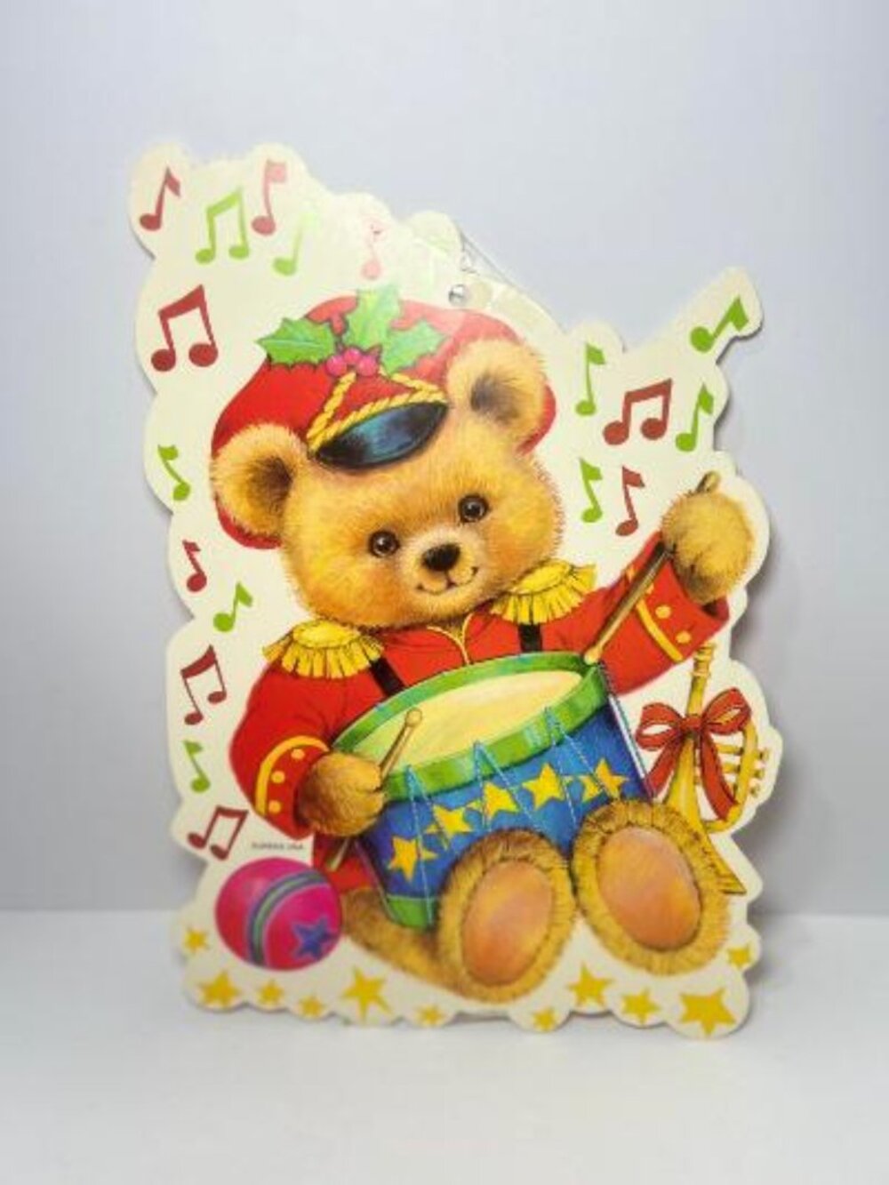 Christmas Teddy Bear w/ Drum Die Cut Out Eureka USA Vintage Wall Decor